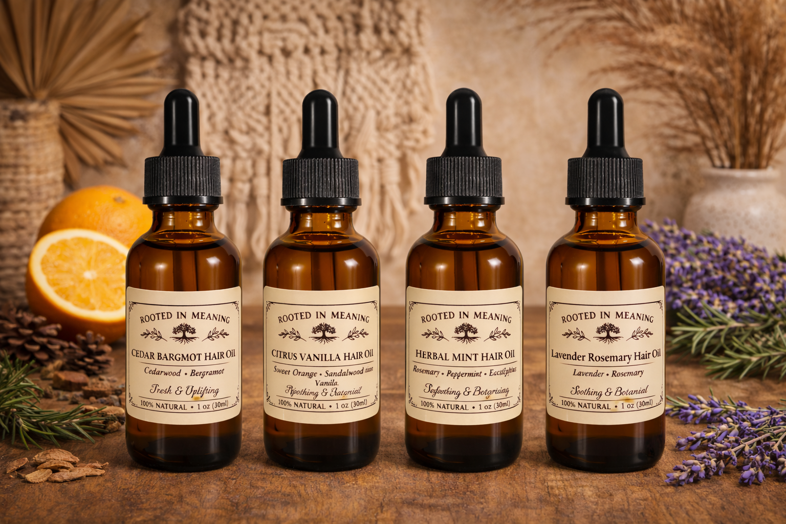 Rooted in Meaning hair oil bottles