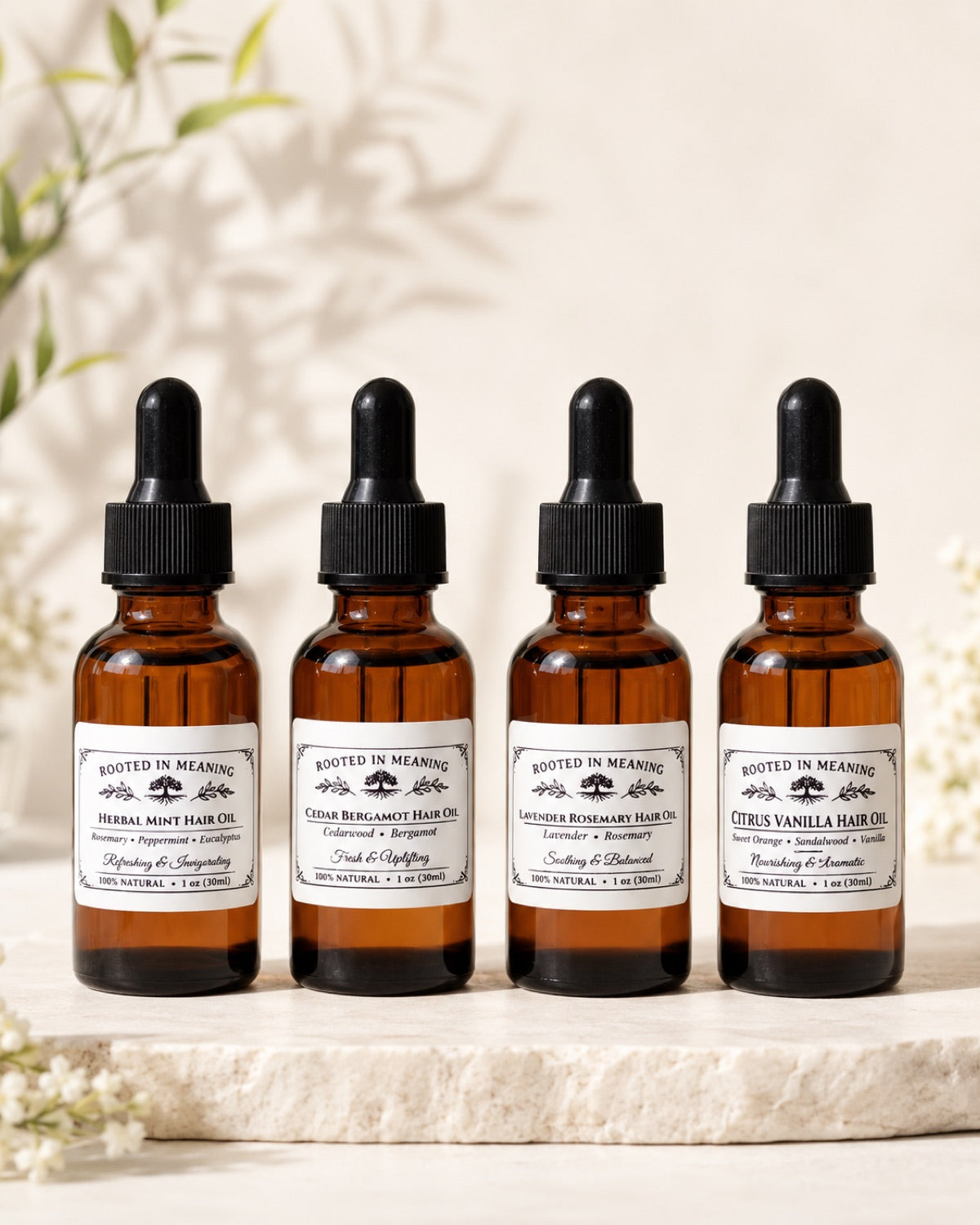 Four Rooted In Meaning hair oils lined up together