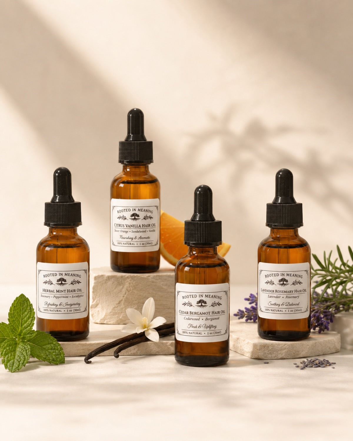 Rooted In Meaning hair oil bottles styled with botanical ingredients
