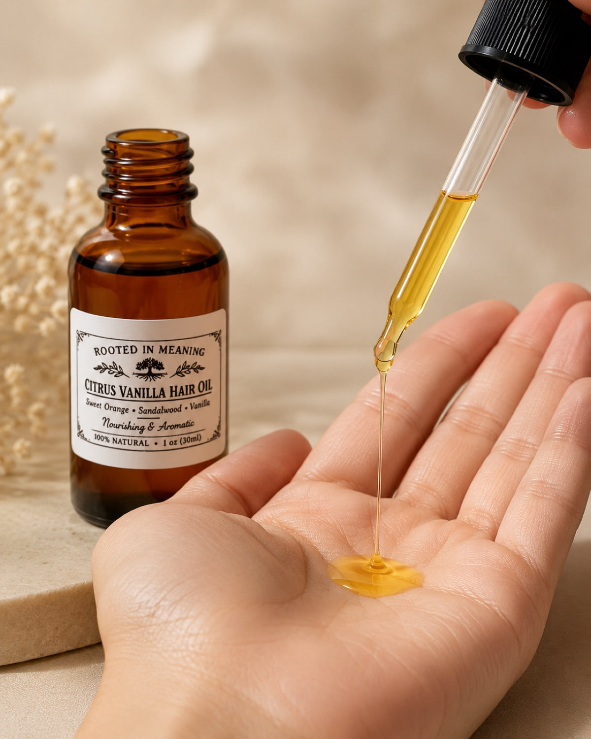 Hair oil dropper applying golden oil into a hand